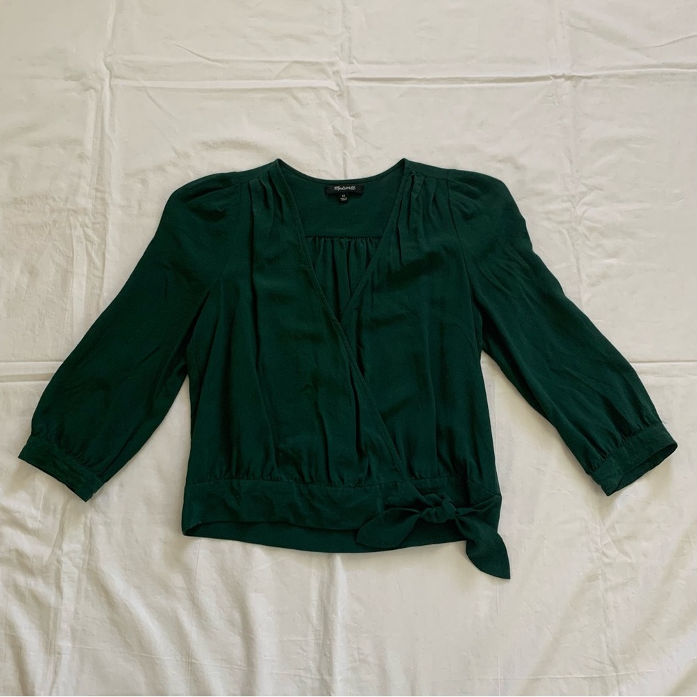 Madewell Emerald Silk V-Neck Waist Tie Cropped Blouse Size XS